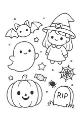 Funny cartoon faces coloring book illustration set - Halloween doodle
