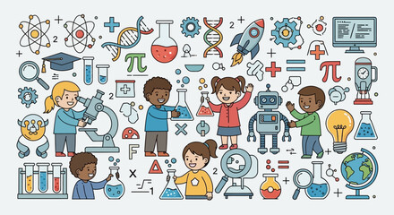 A colorful illustration of diverse children engaged in science, technology, and STEM education with various icons.