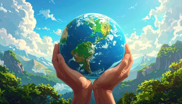 Pixel Art Illustration of Earth Being Held by Hands Under a Blue Cloudy Sky with Mountains and Lush Green Forest in Background