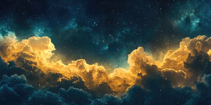 A vast, starry sky with fluffy, golden clouds in the foreground, creating a surreal, ethereal atmosphere.