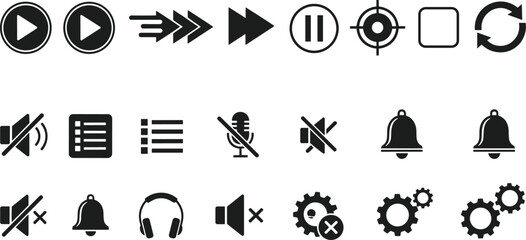 User interface icon set, media control symbols, audio settings, notification, mute, play, pause, gear, microphone, digital app vector design elements