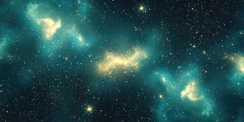 A vast, star-studded expanse of space with nebulae and galaxies, featuring a mix of blue and yellow hues, with a few distant stars and a few scattered nebulae.