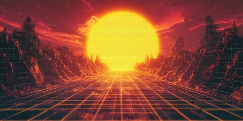 A surreal, neon-lit landscape with a large, glowing sun in the sky, surrounded by rocky mountains and a grid-like structure. The scene has a retro-futuristic, cyberpunk aesthetic.