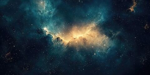 Fototapeta premium A vast, colorful nebula with a central star and numerous stars scattered throughout, set against a dark, starry backdrop.