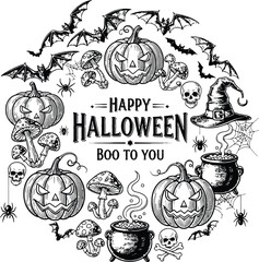 Spooky halloween wreath with pumpkins bats skulls and witch hat festive celebration art