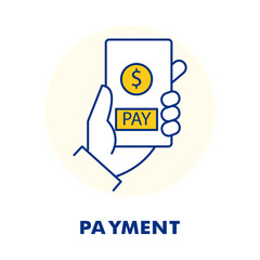 General Payment Icon - Hand Holding Phone - Digital Pay - Cashless Transaction Outline Vector