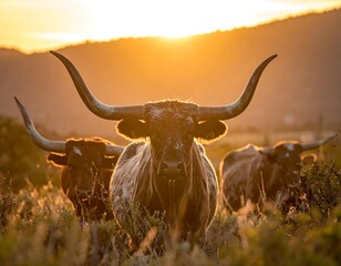 Longhorn cattle in the golden hour sunlight