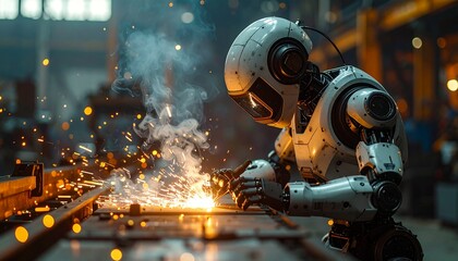 Humanoid Robot Welding Sparks Industrial Manufacturing Scene