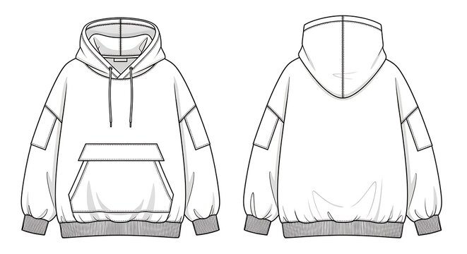 Fashion sketch of a white oversized hoodie with pocket and hood