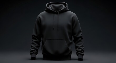Black hoodie with a front pocket and drawstring, studio shot