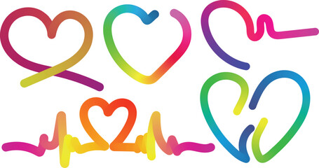 Vibrant rainbow colored heart shapes and ekg line designs isolated on white background for love and health concepts