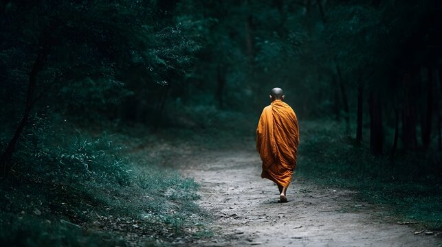 A Buddhist monk in an orange robe walks alone on a serene forest path - Powered by Adobe