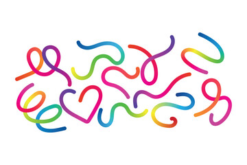 Vibrant and colorful abstract wavy lines and shapes creating a playful and energetic artistic pattern on a white background