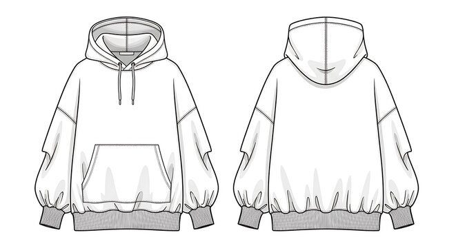 Fashion sketch of a white hoodie with balloon sleeves, front and back