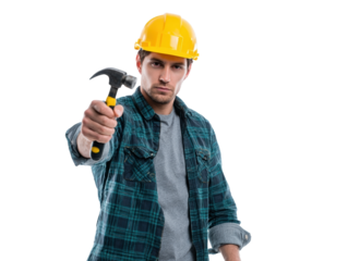 Construction worker with a hammer and helmet.