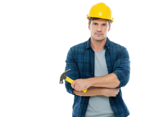 Confident worker poses with tool.