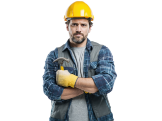Confident worker with helmet and tools.
