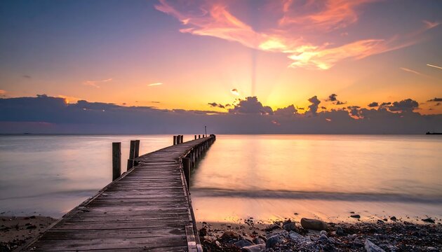 Wooden pier extends into tranquil ocean at sunset - Powered by Adobe