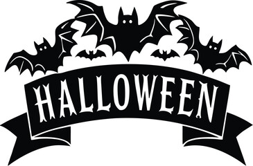 Halloween vector art of halloween themed illustration showcasing a grinning pumpkin, a spider, and a larger spider, all above a banner with the word halloween in a dripping font	