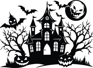 Halloween, vector illustration vector art of a spooky haunted house silhouette with bats flying around, perfect for halloween themed designs and decorations	