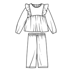 A black and white line drawing of a childrens pajama set featuring a ruffled long-sleeved top and elastic waist pants line art vector illustration