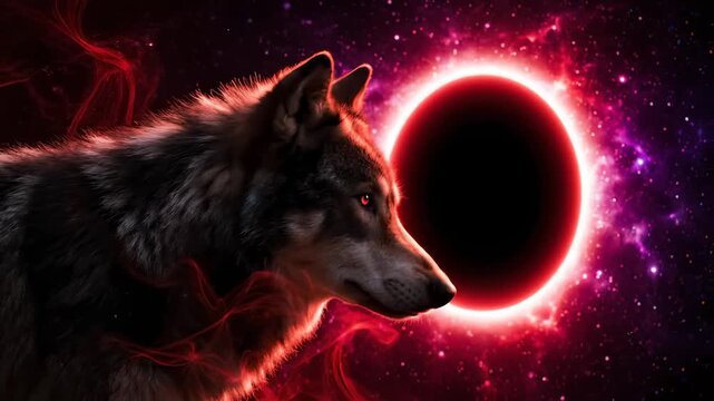 Wolf Profile in Front of Red Solar Eclipse With Nebula and Smoke