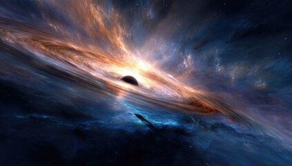 Artistic rendering of a black hole, exhibiting vibrant cosmic nebulas and stellar phenomena