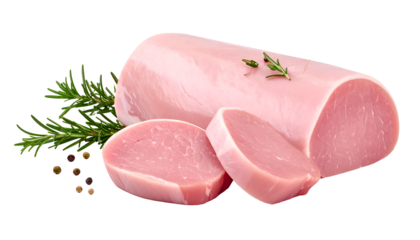 Pork loin roast with two slices, rosemary sprigs, and peppercorns on a white background png cutout