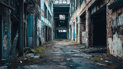 An abandoned industrial building with broken windows and rusted metal structures. The scene is devoid of life and has a desolate atmosphere.