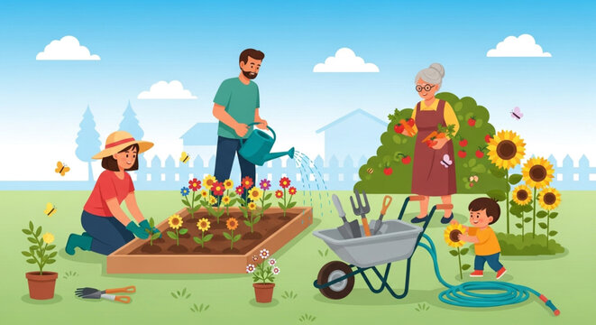 A multigenerational family gardening together, watering flowers, harvesting vegetables, and enjoying the outdoors in a lush garden setting under a blue sky