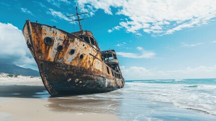An old, rusted shipwreck on a beach with a blue sky and white clouds.