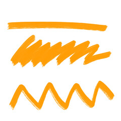 Obraz premium Three orange brush strokes: a straight line, a jagged zig-zag, and a scribbled line, isolated on a white background.