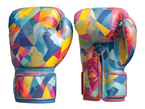 Colorful boxing glove geometric pattern abstract shapes vibrant texture halftone detail modern design sports gear athletic equipment leather surface fitness training with upbeat energy and bold - Powered by Adobe