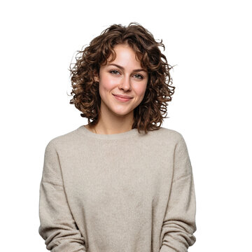 Smiling woman with curly hair in casual sweater.