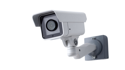 a white and gray security camera is mounted isolated on white background