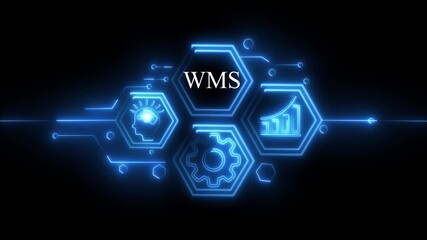 W M S technology infographic with glowing neon hexagons representing brain analytics growth and gears on a dark futuristic circuit background - Powered by Adobe
