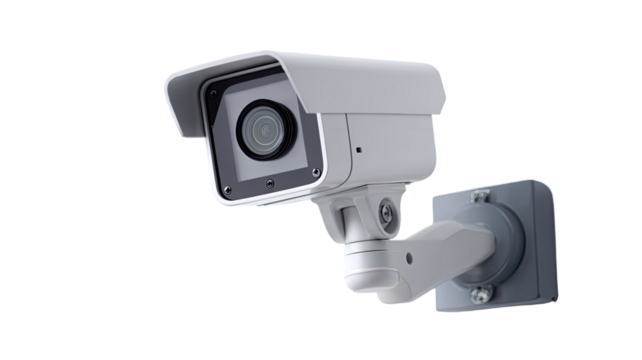 a white and gray security camera is mounted isolated on white background