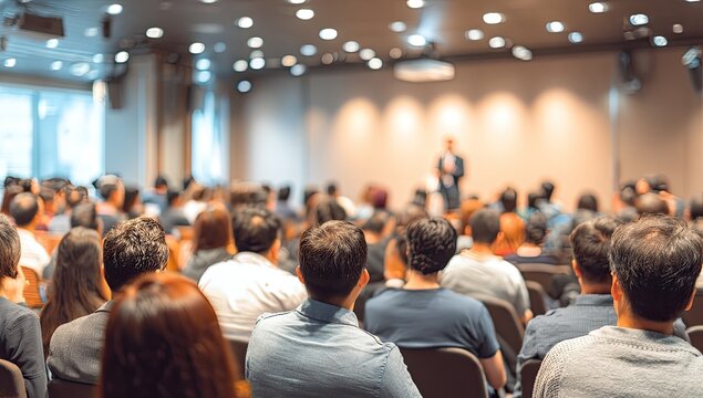 Conference hall full of attendees.  Speaker standing at podium
