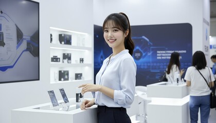 製品展示ブースに立つアジア人ビジネスウーマン