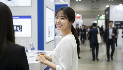 Fototapeta premium 展示会場で来場者と話す笑顔の女性スタッフ