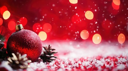 A red Christmas ball on a red background with snowflakes falling.
