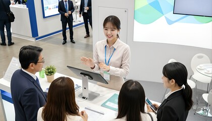 来場者にプレゼンテーションをする女性スタッフ