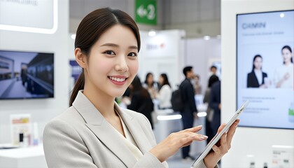 タブレットを操作するスーツ女性のポートレート
