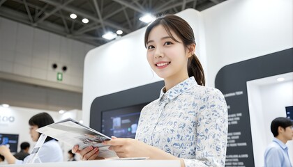 カタログを手に微笑むイベントスタッフの女性