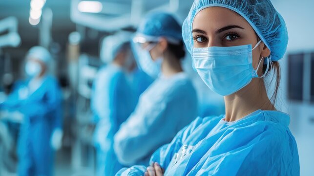 A female surgeon in a hospital setting, wearing a surgical cap and mask, with other healthcare professionals in the background.
