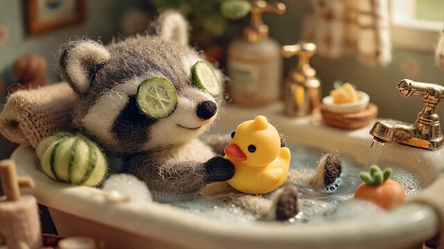 Raccoon enjoying a relaxing bath with cucumber slices and rubber duck