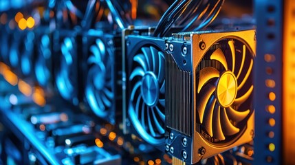 A row of computer servers with cooling fans and cables.