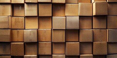 A stack of cardboard boxes arranged in a grid pattern, with a mix of brown and beige colors, creating a textured and layered visual effect.