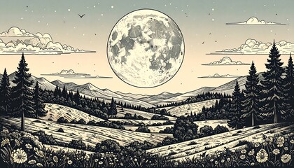 Scenic monochrome illustration of a moonlit landscape with rolling hills and trees