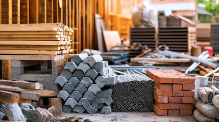 A construction site with various building materials and tools.
